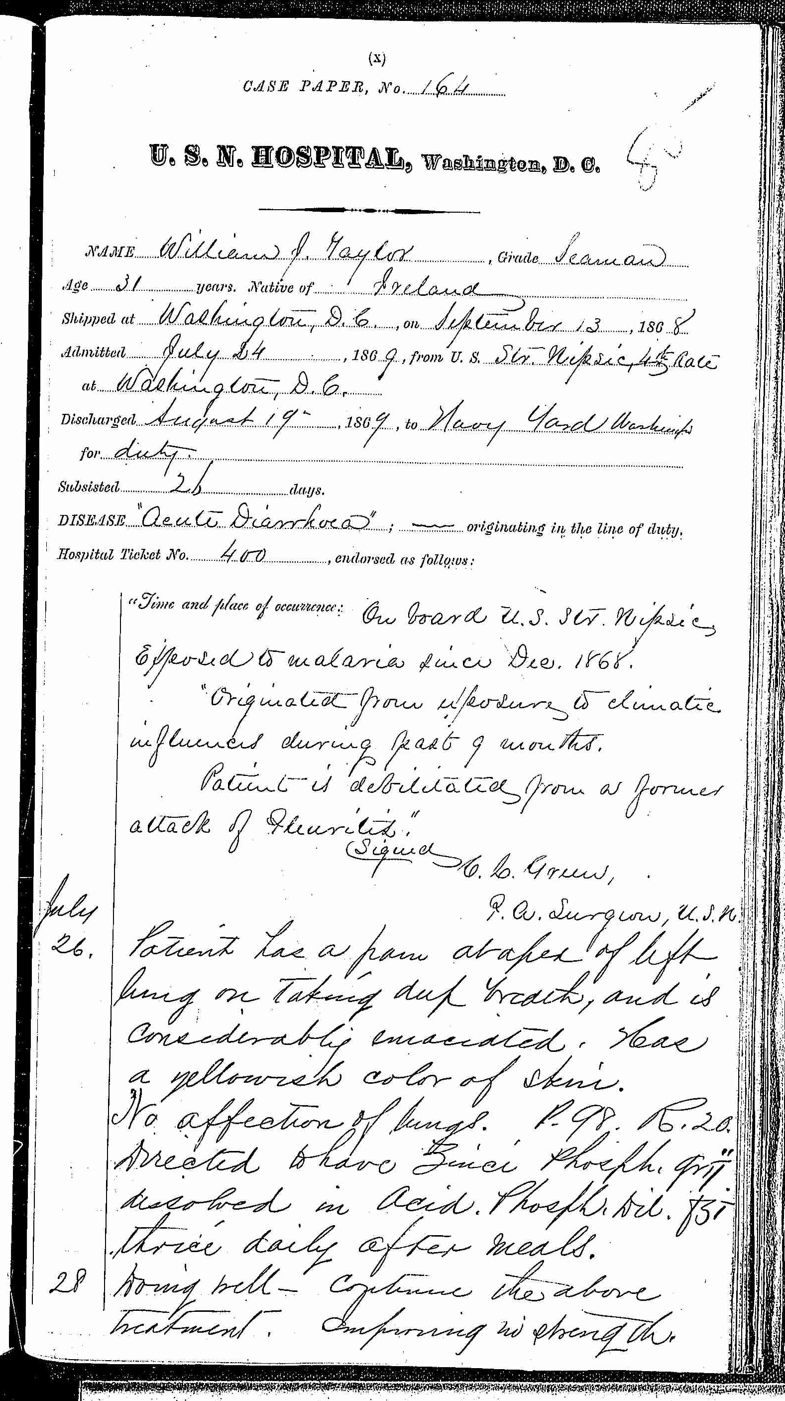 Entry for William J. Taylor (page 1 of 2) in the log Hospital Tickets and Case Papers - Naval Hospital - Washington, D.C. - 1868-69