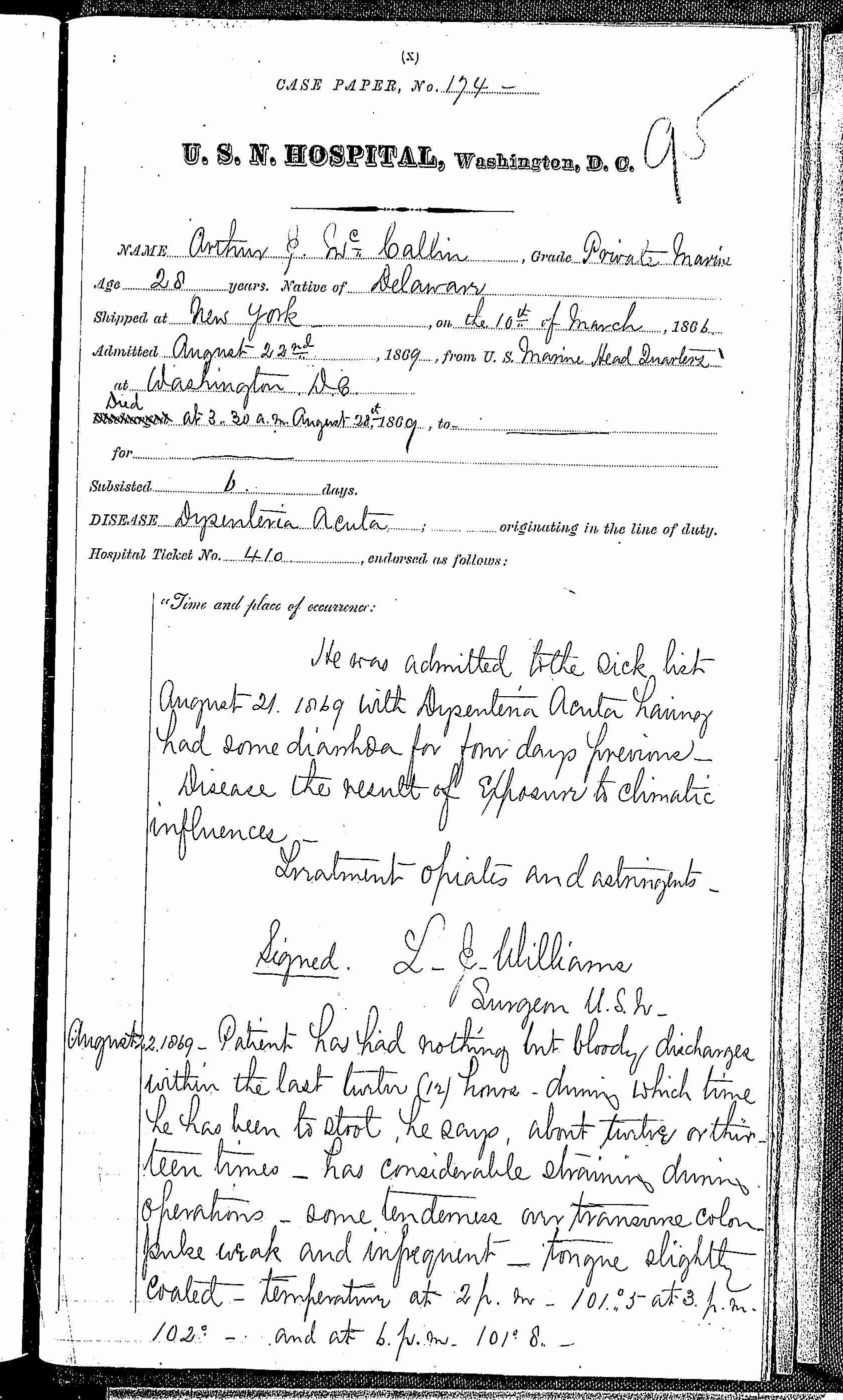 Entry for Arthur J. McCallan (page 1 of 5) in the log Hospital Tickets and Case Papers - Naval Hospital - Washington, D.C. - 1868-69