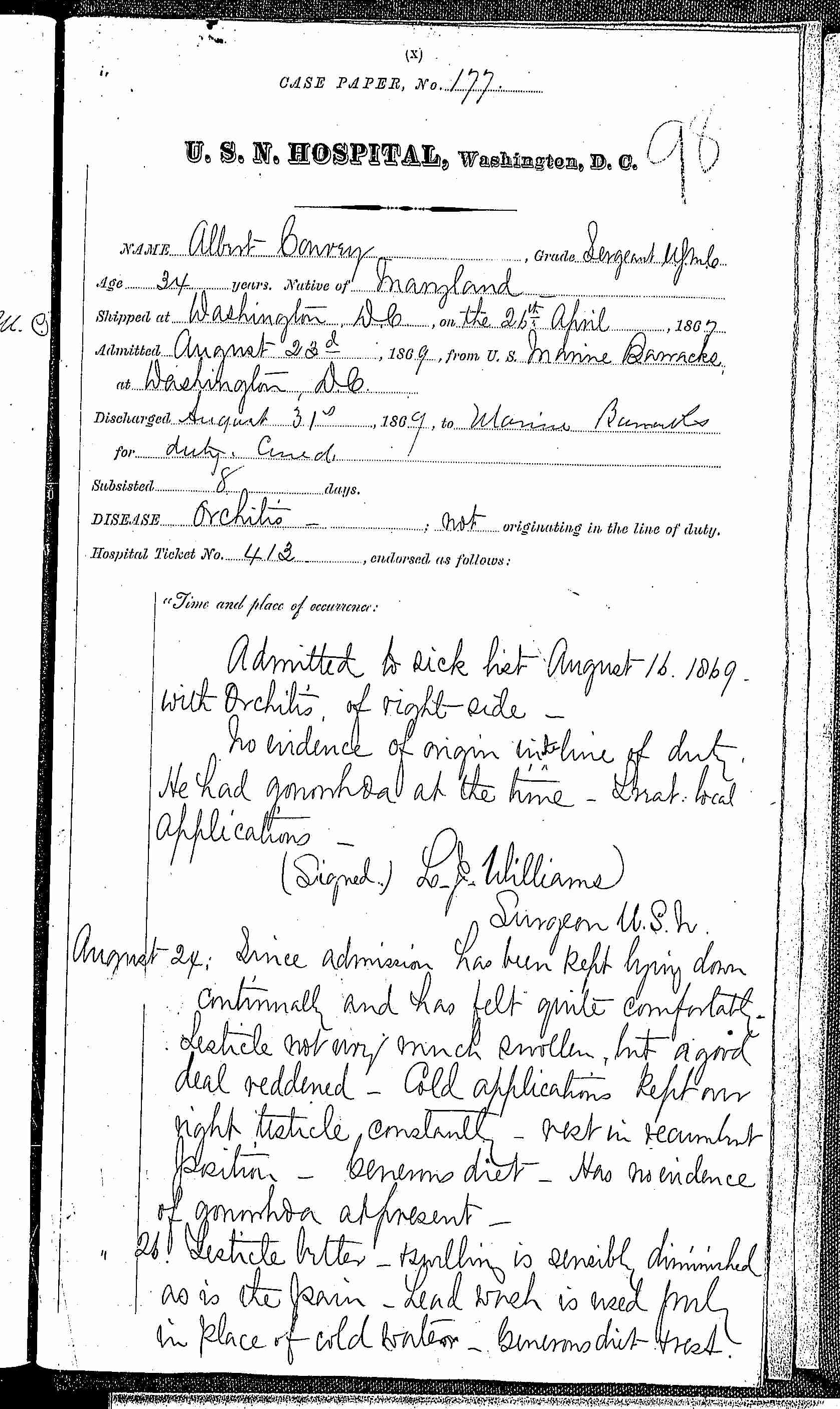 Entry for Albert Carney (page 1 of 1) in the log Hospital Tickets and Case Papers - Naval Hospital - Washington, D.C. - 1868-69