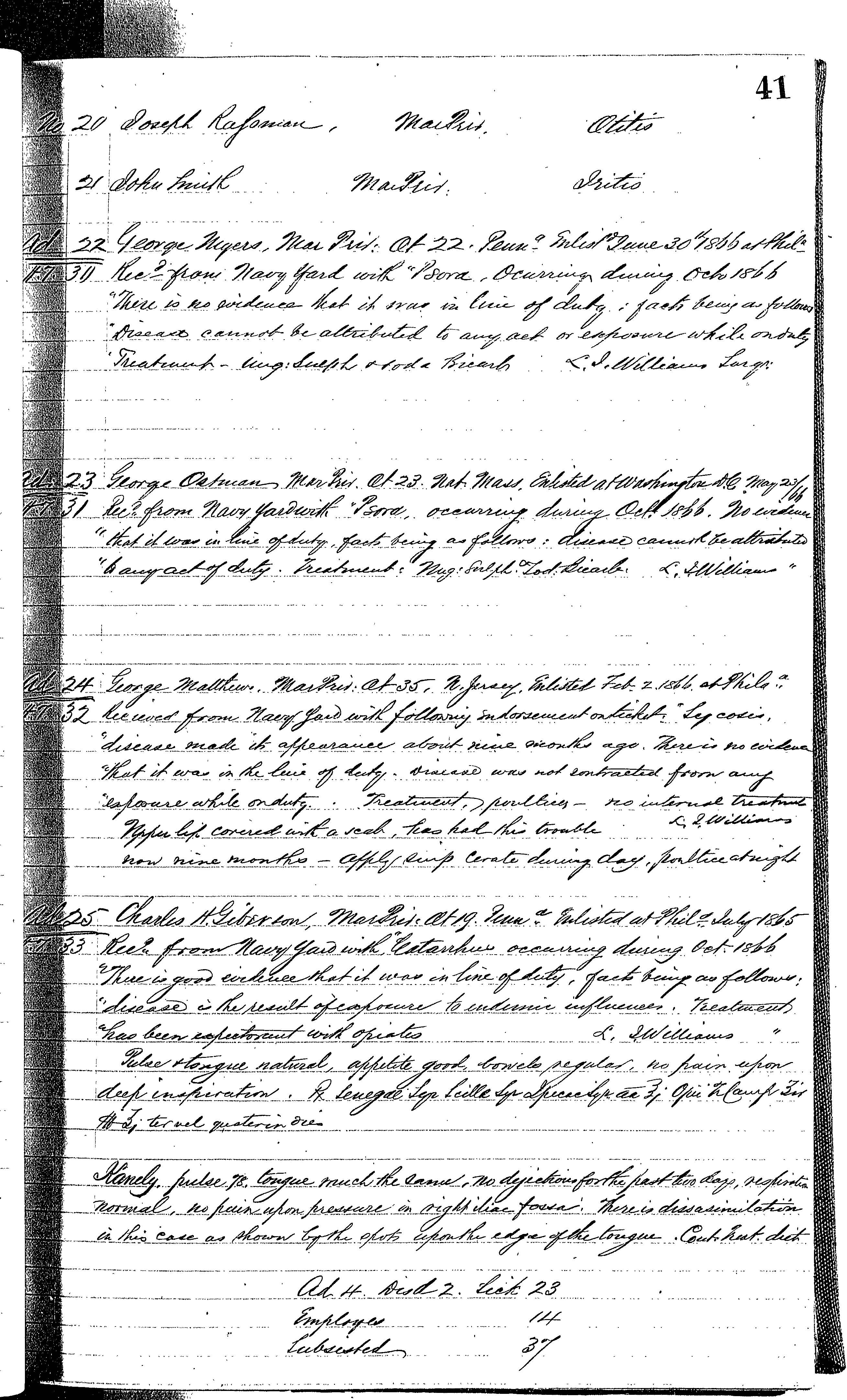 Patients in the Naval Hospital, Washington DC, on October 30, 1866, page 2 of 2, in the Medical Journal, October 1, 1866 to March 20, 1867