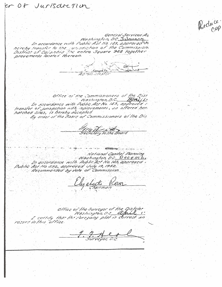 Transfer Plat attached to GSA Form 38 transferring the Old Naval Hospital to the D.C. 
Government on February 26, 1962.