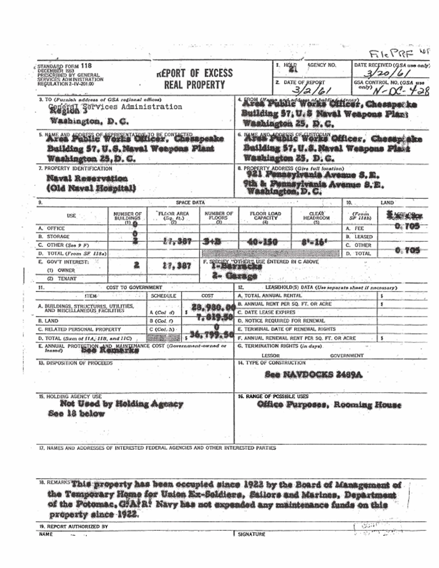 Standard Form 118 - REPORT OF EXCESS REAL PROPERTY dated March 30, 1961