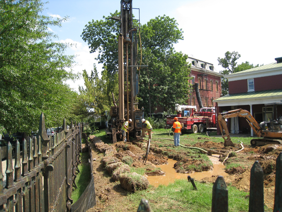 Geothermal drilling for HVAC systems on northwest corner,  Wells to go down about 350 feet