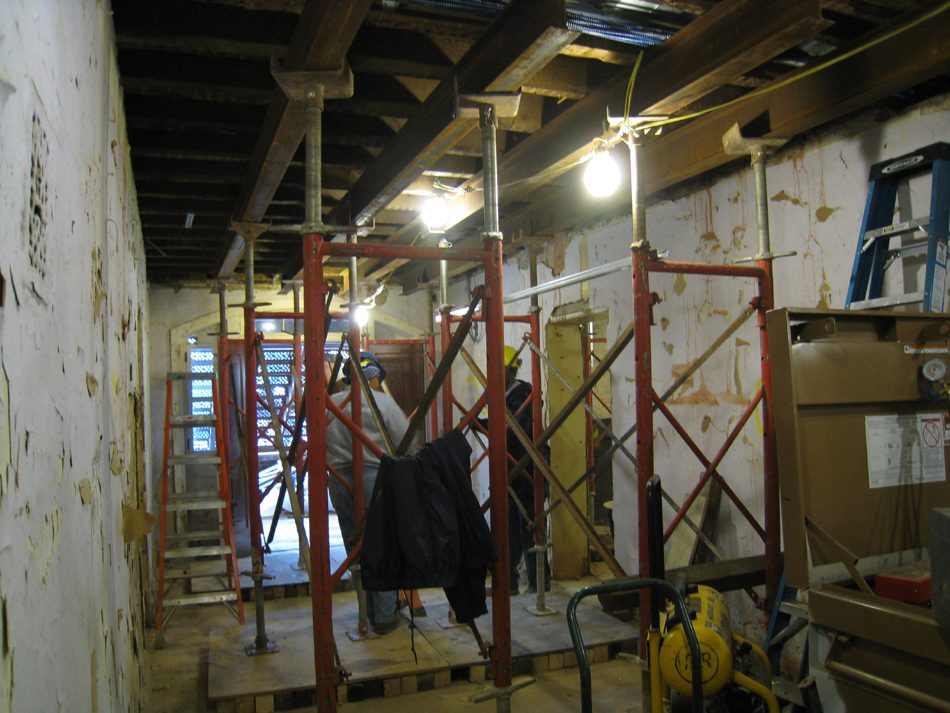 Ground Floor--Shoring in south central corridor for wall to be removed on second floor