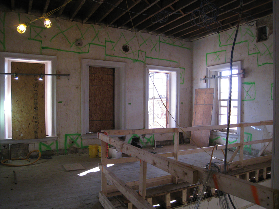 Second Floor--Southeast room--Preparing for plastering (green outlines to be removed, the rest just skimmed)
