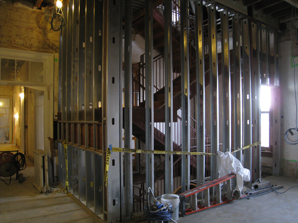 Second Floor--Wall construction around west stairwell