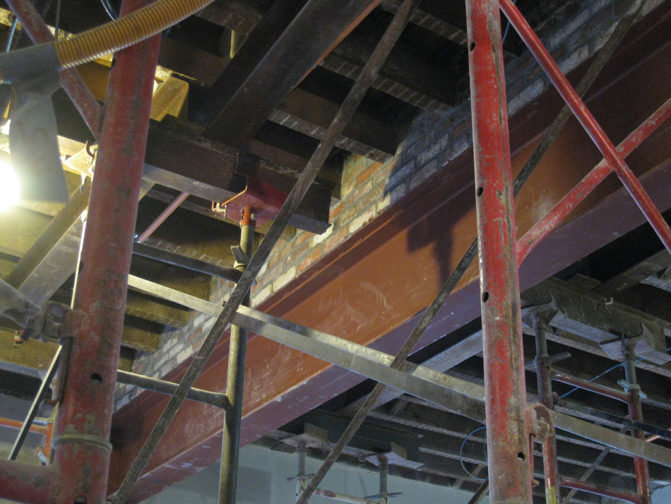 Second Floor--Detail of installed steel beams and columns in central (large) room, showing brickwork - January 7, 2011